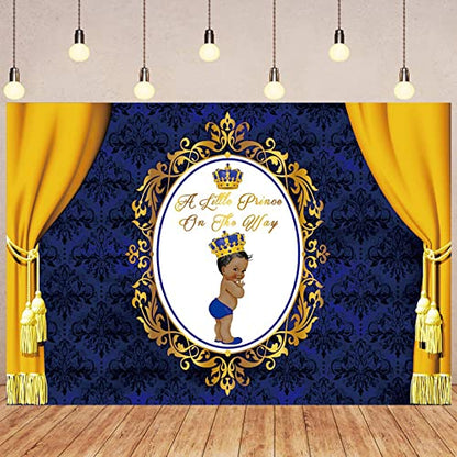 Leyiyi 12x8ft A Little Prince on The Way Backdrop Royal Prince Crown Cute Baby Gold Dark Blue Photography Background Lace Curtain Texture Decor Banner Newborn Boy Baby Shower Dessert Table Decor - size: 12x8ft