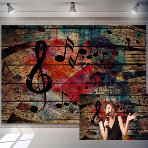 10x8ft Music Notation Backdrop Vintage Wooden Wall Background for Photography Red Heart Black Musical Symbols Backdrops for Birthday Music Theme Party Decorations Bar Concert Photo Booth Props - size: 10x8ft