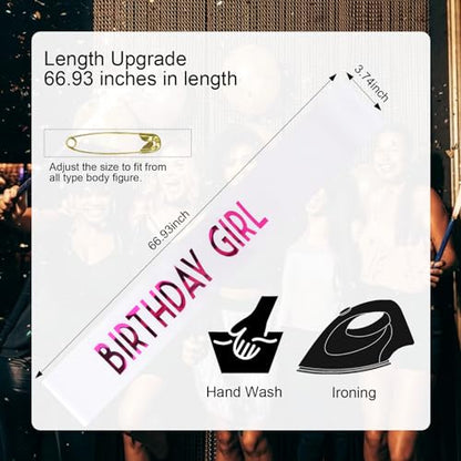 CIEHER Birthday Girl Sash for Women and Girls - Customizable 67" L x 3.6" W Sash for 10th, 13th, 16th, 18th, 21st, 30th, 40th, 50th, 60th Birthdays - color: White & Rose Pink