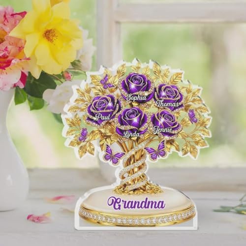 LOVELYPOD Personalized Rose Flower Mama 2D Acrylic Plaque, Custom Name Mommy And Kids Plaque, Mother's Day Mom Gift, Grandma Gifts, Mama Birthday Gifts from Kids, Custom Shape Family Block - color: Design #2