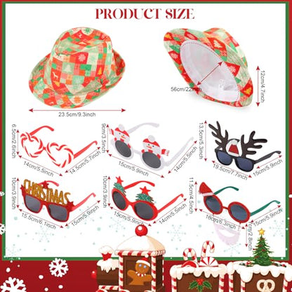 NICOWARM 12pcs Christmas Photo Booth Prop, 6pcs Fedora Hats, 6pcs Party Sunglasses for Adult, Teen, Ugly Sweater Hat, Funny Glasses, Merry Xmas Carnival Party Costume Prop