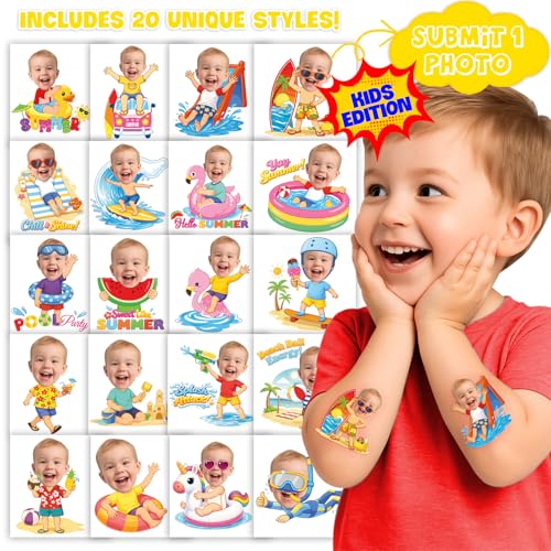 Custom Summer Temporary Tattoos for Kids - Personalized Pre-Cut Face Photo Tattoos - Fun Birthday Party Favors for Boys Girls, Summer Vacation - Set of 20 Unique Celebration Gifts - color: Multicolor