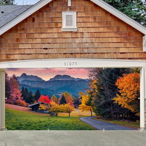Fall Garage Door Cover Banner Decorations Backdrop 6x13ft Large Thanksgiving Autumn Country Forest Maple Leaves Nature Landscape Garage Door Banner Party Photoshoot Studio Prop Photography Background - size: 6x13ft