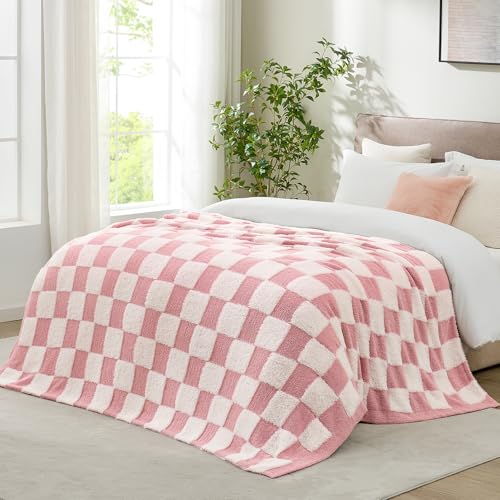 Snuggle Sac Checkered Throw Blanket Faux Fur Microfiber Blankets for Couch,Cozy Soft Warm Blanket for Sofa Bedroom Living Room,Pink Checker,60x80 inches - color: Pink White, size: Twin(60"x80")