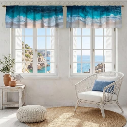 Ocean Curtain, Two-Pack, Aerial Beach Wave Turquoise Sand Coastal View,Applicable to Bathroom, Bedroom, 54x18 inches. - color: Ocean