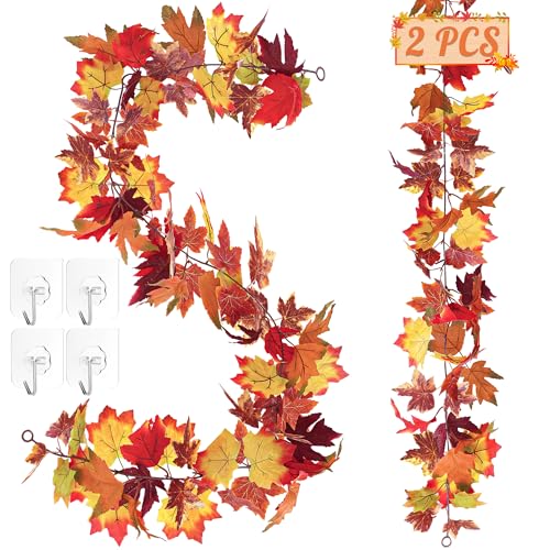 2 PCS Fall Decor, 11.8FT Fall Garland for Mantle, Fall Decorations for Home, Thanksgiving Decorations Indoor, Halloween Autumn Maples Leaf Garland for Autumn Decor Wedding Party - color: Brown, size: 2 Pcs