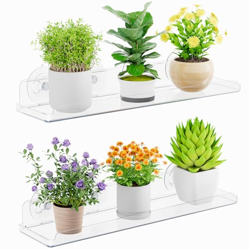 Lifewit Window Plant Floating Shelves 14.6x3.6, 2 Pack Acrylic Suction Cup Shelf, Window Sill Extender for Indoor Succulent Plants, Micro Greens, Seed Starter Pots, Herb Planters 37 x 9 cm/14.6x3.6