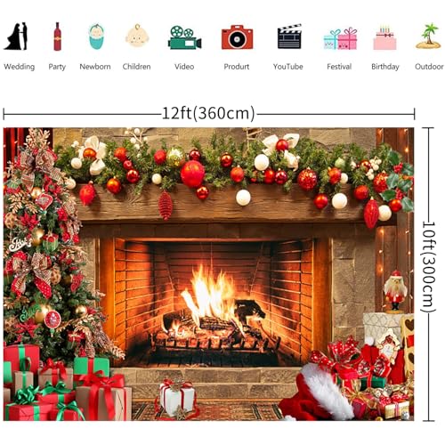 12x10FT Christmas Backdrop Vintage Fireplace Xmas Tree Garland Gifts Photography Background Family Kids Winter Holiday Christmas New Year Party Decorations Banner Photo Booth Props - size: 12x10FT