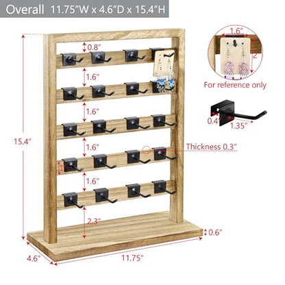 Ikee Design Wooden Jewelry Display Rack with 20 Removable Metal Hooks, Earring Card Display Holder Stand for Earring Cards, Necklaces, Bracelet, Keychain Stand, Oak Color - color: 4) Oak