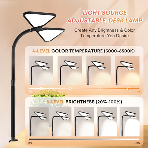 AILBTON Ultra-Large Gooseneck Desk Lamp with Clamp| Dual-Source Super Bright LED Study Light with Flexible Arms, 5 Brightness & 4 Color Modes for Home Office/Reading - style: Fan-shaped Table Lamp
