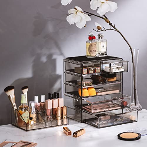 Sorbus Acrylic Makeup Organizer Set, 6-Drawer Vanity & Countertop Cosmetic Storage with Small & Wide Compartments, Black-Tint Makeup Storage for Brushes, Jewelry – Holiday Gift for Women & Teens - color: Black Jewel, size: 4 Large, 2 Small Drawers