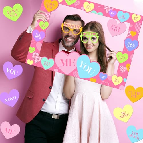 Valentines Day Photo Booth Props, Pink Romantic Valentine’s Day Selfie Photo Booth Picture Frame and Conversation Hearts Valentines Photo Props for Valentine’s Day Wedding Party Favors Decorations