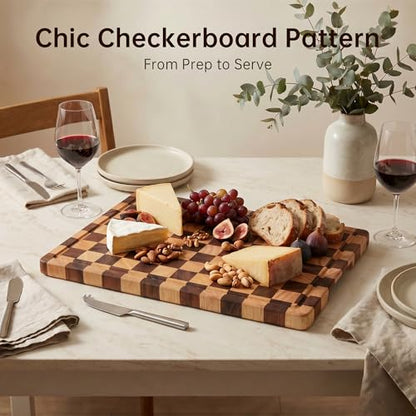 THETCHRY Cutting Boards for Kitchen, Checkered Cutting Board Upgraded, Acacia Wood Chopping Board with Juice Grooves & Handles, Large Butcher Block Serving Tray with Gift Box, 17"X12"X0.8" - size: 17"L x 12"W