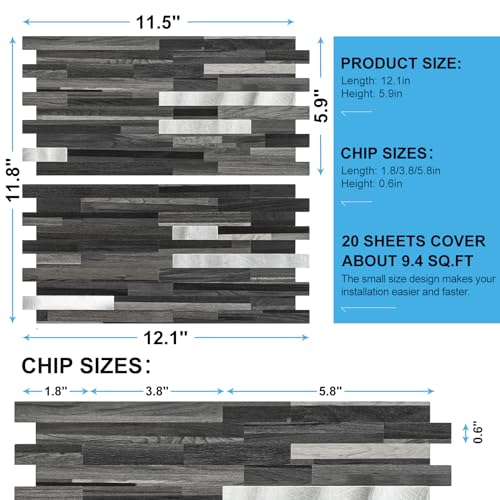 Black Mixed Silver Peel and Stick Modern Geometric PVC Kitchen Wall Backsplash, 20 Sheets, 9.4 sq ft Coverage - color: Black Mixed Silver