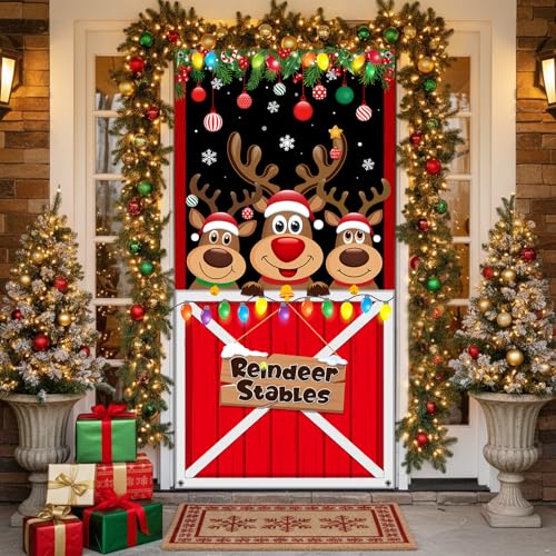 Irenare Christmas Door Cover Decorations Reindeer Stables Door Banner Christmas Elk Hanging Backdrop Banner Photo Booth Props for Xmas Winter Party Decorations Supplies, 70.9 x 35.4 Inch - style: Reindeer Stables