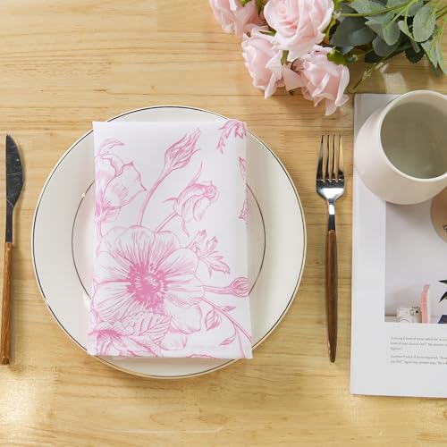PLOYMONO Pink Floral Heavy Duty Cloth Napkins - 17 x 17 Inch Solid Washable Polyester Dinner Napkins - Set of 8 Napkins with Hemmed Edges - Great for Weddings, Parties, Banquets Dinner & More - color: Pink Floral