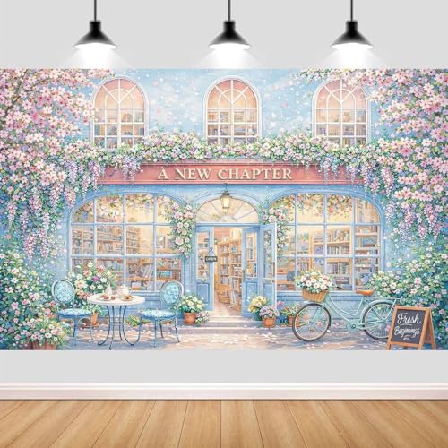 7X5ft A New Chapter Begins Backdrop Bridal Shower Blue Floral Book Shop Wedding Engagement Photography Background Bridal Shower Party Decoration Supplies Cake Table Photo Booth Studio Props - color: Blue 02, size: 7X5FT