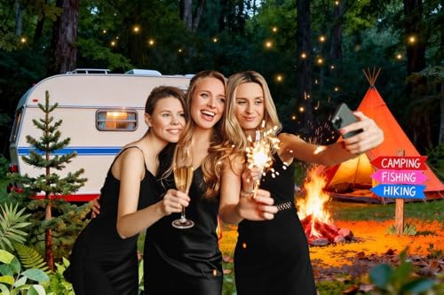 Summer Camping Photography Backdrop 8x6ft Vinyl Forest Night Campfire Tent Car Background Camper Adventure Hiking Theme Party Decorations Outdoor Photo Props Wallpaper - color: white bus, size: 8x6ft