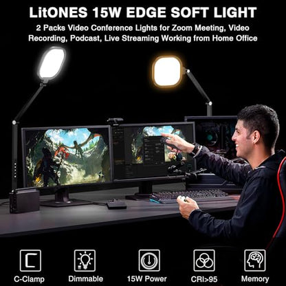 2 Packs Video Conference Light for Computer, 15W LitONES Desk Light for Zoom Calls Meeting with C-Clamp & Metal Swing Arm, Podcast Lighting Kit with Remote, Memory & Timing CRI＞95 - color: Black-2 packs