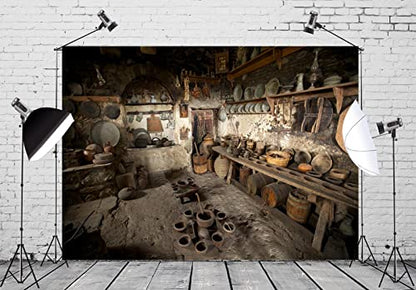 BELECO 7x5ft Fabric Rustic Old Rural Farmhouse Kitchen Backdrop Interior Pottery Kitchen Appliance Cooking Background Backdrop Countryside Theme Party Church Event Portrait Photo Studio Props - size: 7x5FT
