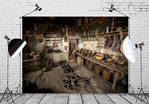 BELECO 7x5ft Fabric Rustic Old Rural Farmhouse Kitchen Backdrop Interior Pottery Kitchen Appliance Cooking Background Backdrop Countryside Theme Party Church Event Portrait Photo Studio Props - size: 7x5FT