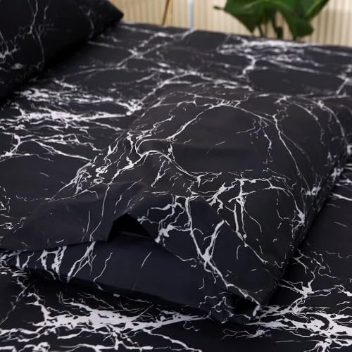 MAG Black Marble, Super Soft Microfiber Bed Sheet 4PC, Marble Bedding Sheet Set Included 1 Fitted Sheet with 2 Pillowcases, 14 Inches Deep (Full, Black) - color: Black-marble, size: Full