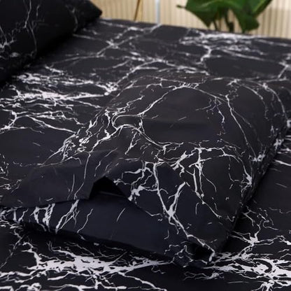 MAG Black Marble, Super Soft Microfiber Bed Sheet 4PC, Marble Bedding Sheet Set Included 1 Fitted Sheet with 2 Pillowcases, 14 Inches Deep (Full, Black) - color: Black-marble, size: Full
