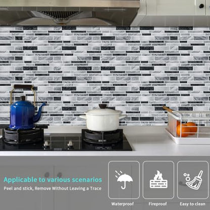 Heikki Peel-and-Stick Self-Adhesive Wall Tiles, 4.7×9.7-inch Kitchen & Bathroom Splashback Tiles, Marble Pattern Design (48-Piece Set) (Black-Gray) - color: Black-Gray