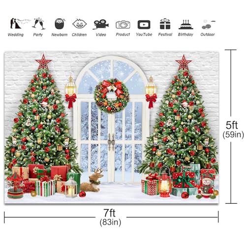 Christmas Photography Backdrop 7x5ft Christmas Tree Door Xmas Party Decorations Photo Background Snowy Winter Scenery Outside The Door White Brick Wall Family Photo Shoot Booth Props