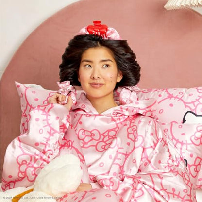 Hello Kitty x Kitsch XL Satin Heatless Curling Set- Heatless Hair Curler To Sleep In for Frizz-Free & Soft Curls, Comes with Bow Shape Design Hair Claw and Satin Scrunchies, Gifts for Women, 4pc Set - color: Pink Kitty Faces