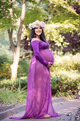 ZIUMUDY Maternity Maxi Chiffon Photography Dress Split Front Gown for Photoshoot - color: Purple