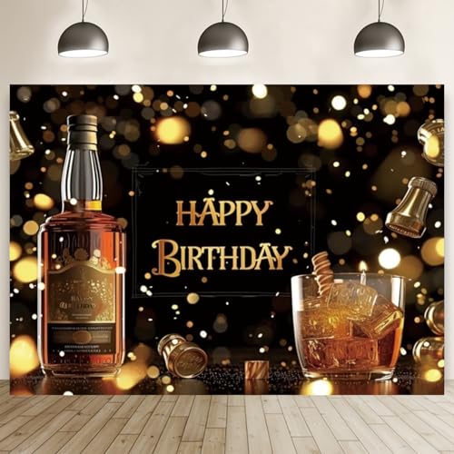 Whiskey Happy Birthday Backdrop Black Gold Glitter Bokeh Background Aged to Perfection Whiskey Birthday Party Decorations Men Supplies Vinyl Photo Booth Prop Cheer Table Decor Banner-8 * 6ft