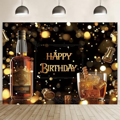Whiskey Happy Birthday Backdrop Black Gold Glitter Bokeh Background Aged to Perfection Whiskey Birthday Party Decorations Men Supplies Vinyl Photo Booth Prop Cheer Table Decor Banner-8 * 6ft