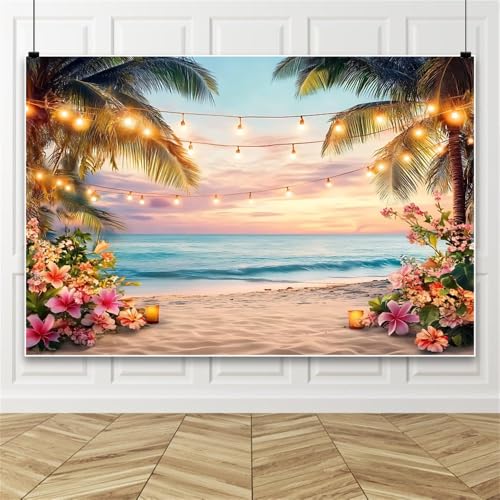 Yeele 8x4ft Sea Beach Backdrop for Photography Summer Tropical Floral Palm Trees Ocean Wave Sunset Sea Scenic Background for Hawaii Holiday Travel Kids Adults Family Portrait Photo Shoot Props - size: 8x4ft
