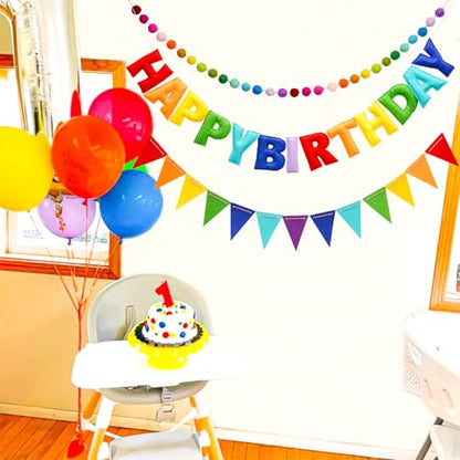 3 Pcs Pre-Strung Happy Birthday Banner, Felt Ball Garland, Pennant Triangle Flags, Rainbow Party Decorations, HAPPY BIRTHDAY Garland, Personalized Holiday Sign for Birthday Decor, Party Supplies, Photo Prop ( Felt Banner + Pennant Flags + Rainbow Balls) -