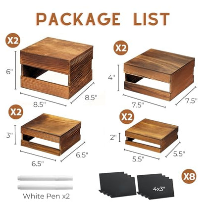 8PCS Wooden Buffet Risers and Stands with Reusable Table Signs, stackable Cube Rustic Wood Food Risers for Buffet Display, Cupcake Holder, Cupcake Stand, Dessert Table Display Set, 8PCS