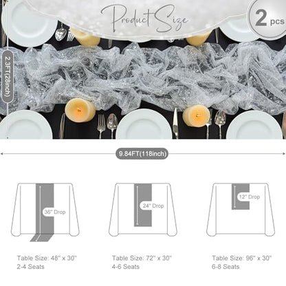AerWo 2 Pcs Silver Table Runner 10FT, Boho Foil Glitter Sheer Sequin Table Runners 120 Inches Long, Wedding Centerpiece Table Decorations for Party Supplies Bridal Baby Shower Birthday Decorations - size: 2 Pieces, style: Silver