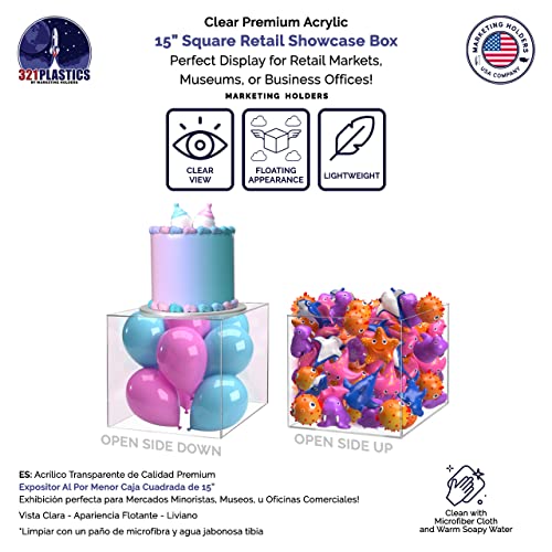 2 Pack 15" Acrylic Display Riser Box with One Open Side Versatile Clear No Lid One Piece Counter or Tabletop Merchandise Storage Bin or Retail Product Throne No Assembly by Marketing Holders - size: 15"w x 15"h