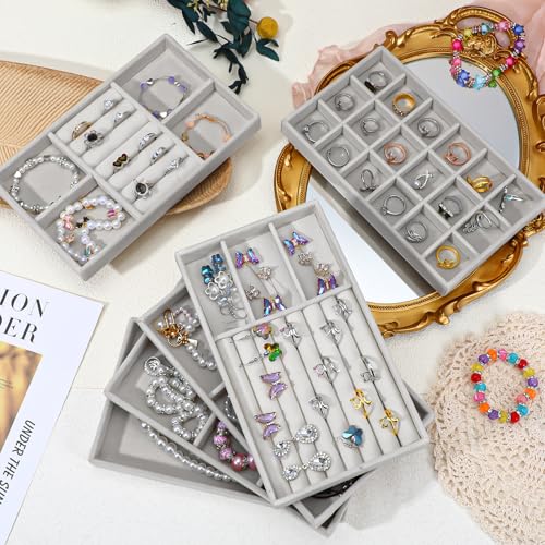 Abeillo 6Pcs Velvet Jewelry Tray Stackable Jewelry Drawer Organizer Inserts Divided Jewelry Box Display Case Storage for Earring Necklace Rings Bracelet Watch Bangle (Grey)