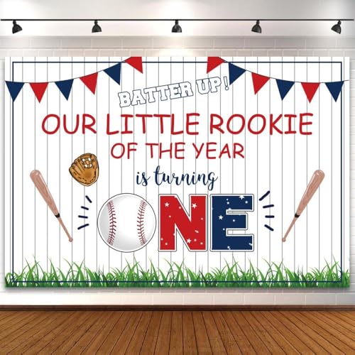 12x8ft Baby Boy 1st Birthday Backdrop Red Blue Triangle Flag Baseball Bat White Wood Texture Photography Background Our Little Rookie of The Year is Turning Banner Cake Table Decor Photo Booth Props - size: 12x8ft