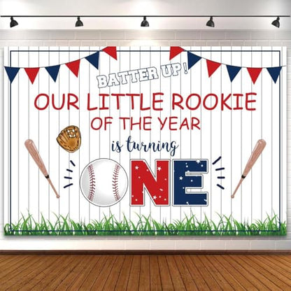 12x6ft Baby Boy 1st Birthday Backdrop Red Blue Triangle Flag Baseball Bat White Wood Texture Photography Background Our Little Rookie of The Year is Turning Banner Cake Table Decor Photo Booth Props - size: 12x6ft