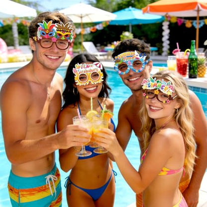 Konsait 18 Pack Luau Beach Pool Summer Paper Glasses for Adults, Hawaiian Aloha Party Favors, Accessories & Photo Props