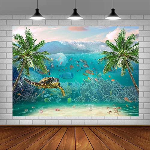 7x5ft Summer Underwater Photography Backdrop Sea Waves Under The Sea Turtle Fishes Palm Trees Corals Photo Background Beach Ocean Theme Birthday Decorations Props