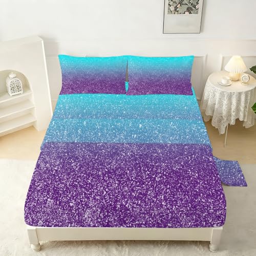 Blue Purple Fitted Sheet Set Queen Size Galaxy Sheet for Bedroom Kids Soft Microfiber 4-Piece Cartoon Sheet Set 1 Fitted Sheet+1 Flat Sheet+2 Pillowcases Glitter Bedding Set - color: Blue and Purple, size: Queen