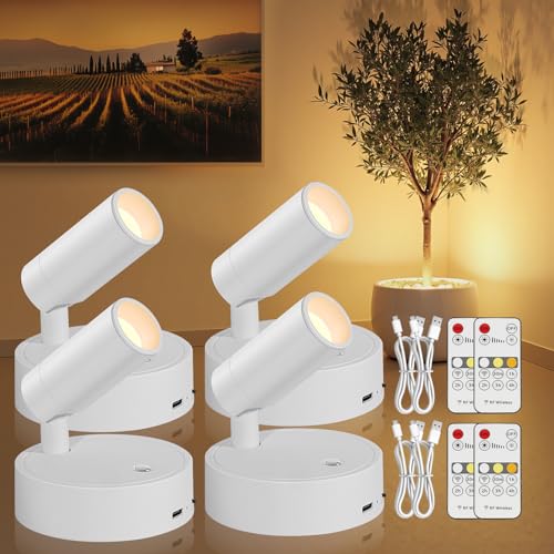 TaoFiaCo Spotlight Indoor, Wireless Battery Operated with Remote,Uplight Indoor Down Light for Picture on Wall, Plant Spotlight Dimmable Timer, Ceiling Lights Painting for Trees Plant, White 4 Pack - color: White, size: 4 Pack