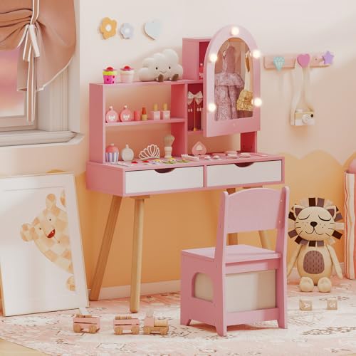 Costzon Kids Vanity with Lights, Girls Vanity Set with Mirror Cabinet, Storage Drawers, Hooks & Shelves, Toddler Makeup Vanity Desk Dressing Table, Wooden Kids Vanity Table and Chair Set (Pink) - style: Pink with Mirror Cabinet