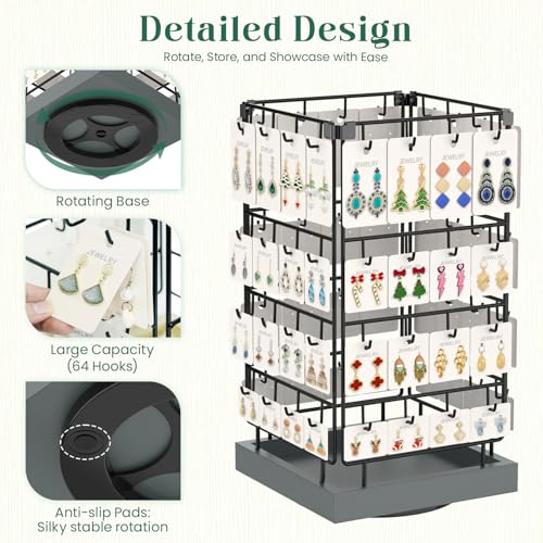 EsLuker.ly Rotating Earring Display Holder Stand for Vendors Events Selling, Large Capacity 64 Hooks Jewelry Rack with Wooden Base for Earring Card Sales, Enhances Retail Visibility(Dark Grey) - color: Dark Grey+Black