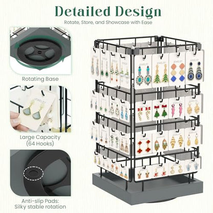 EsLuker.ly Rotating Earring Display Holder Stand for Vendors Events Selling, Large Capacity 64 Hooks Jewelry Rack with Wooden Base for Earring Card Sales, Enhances Retail Visibility(Dark Grey) - color: Dark Grey+Black