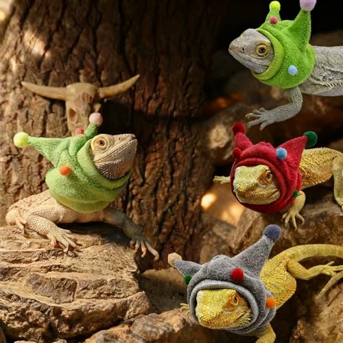 Reptile Outdoor Walking Costume - Adjustable Funny Horn Ball Hat & Scarf Set, Pet Outdoor Walking Funny Outfit for Small Pets Lizard Gecko Chameleon Amphibians Ferret Hamster-Green - color: Hat&Scarf-Green
