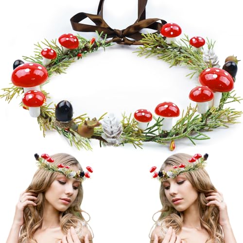MEMOVAN Handmade Mushroom Crown Headband Woodland Headpiece Christmas Hair Wreath with Pine Berries Fairy Flower Floral Halo Headband Winter Holiday Tiara for Women Girl Holiday Decoration - color: Mushroom